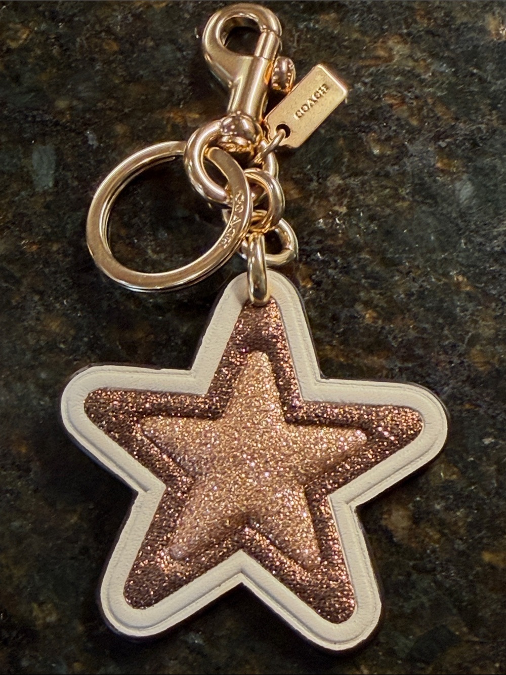 Coach Leather Glitter  Star Bag Charm in Brown and White with Gold Hardware